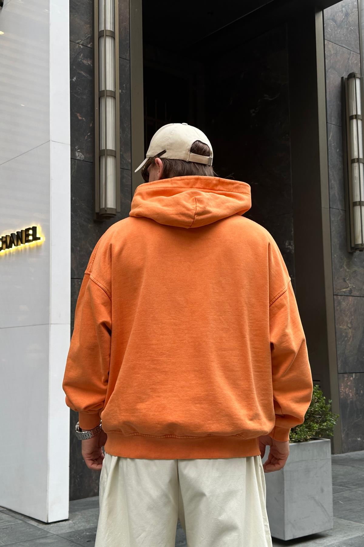 Acid Wash Nakışlı Oranj Sweatshirt SW968