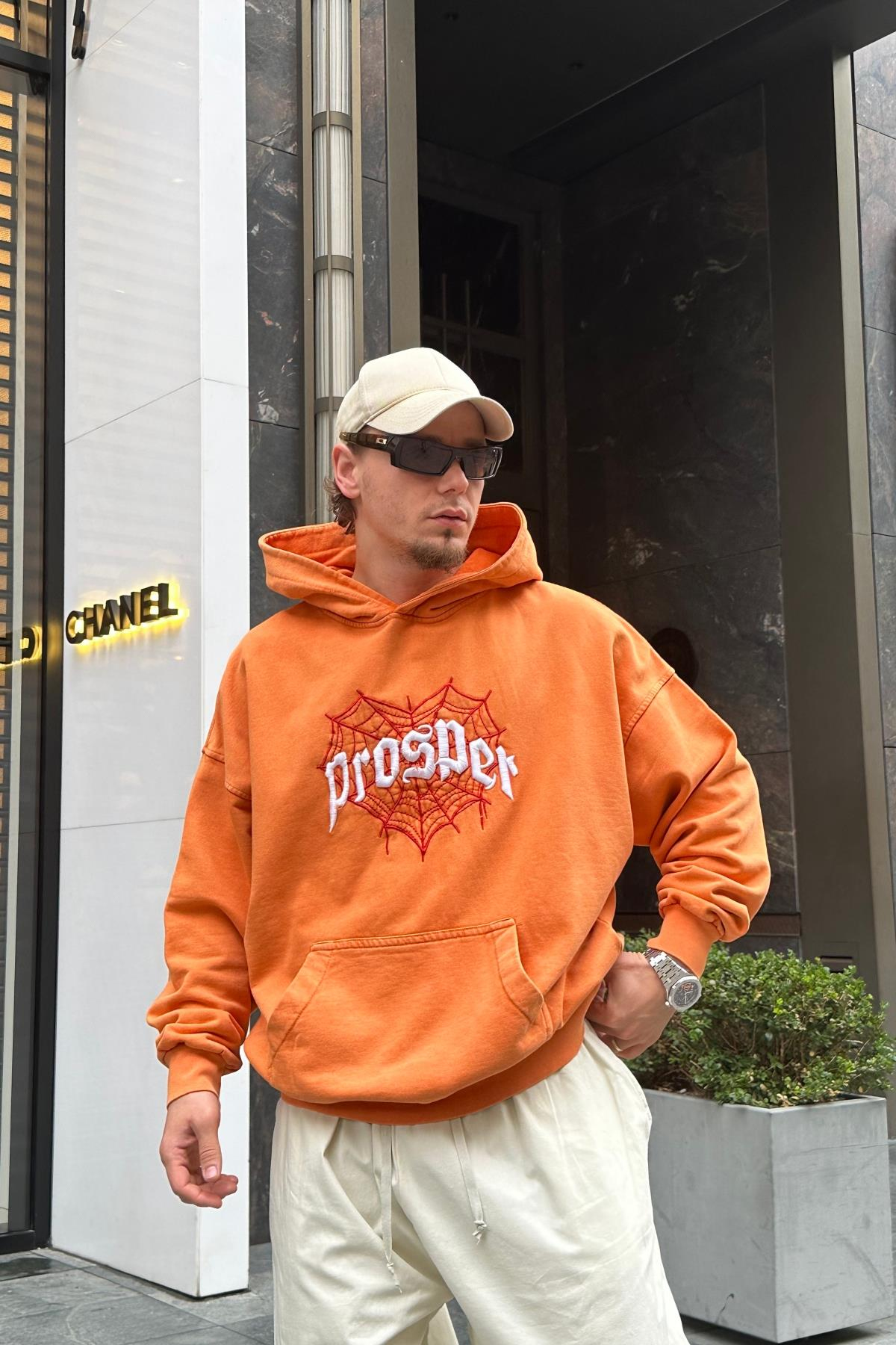 Acid Wash Nakışlı Oranj Sweatshirt SW968