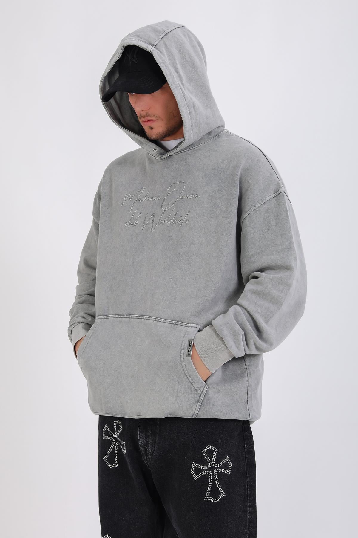 Acid Wash Nakışlı Oversize Hoodie SW1349