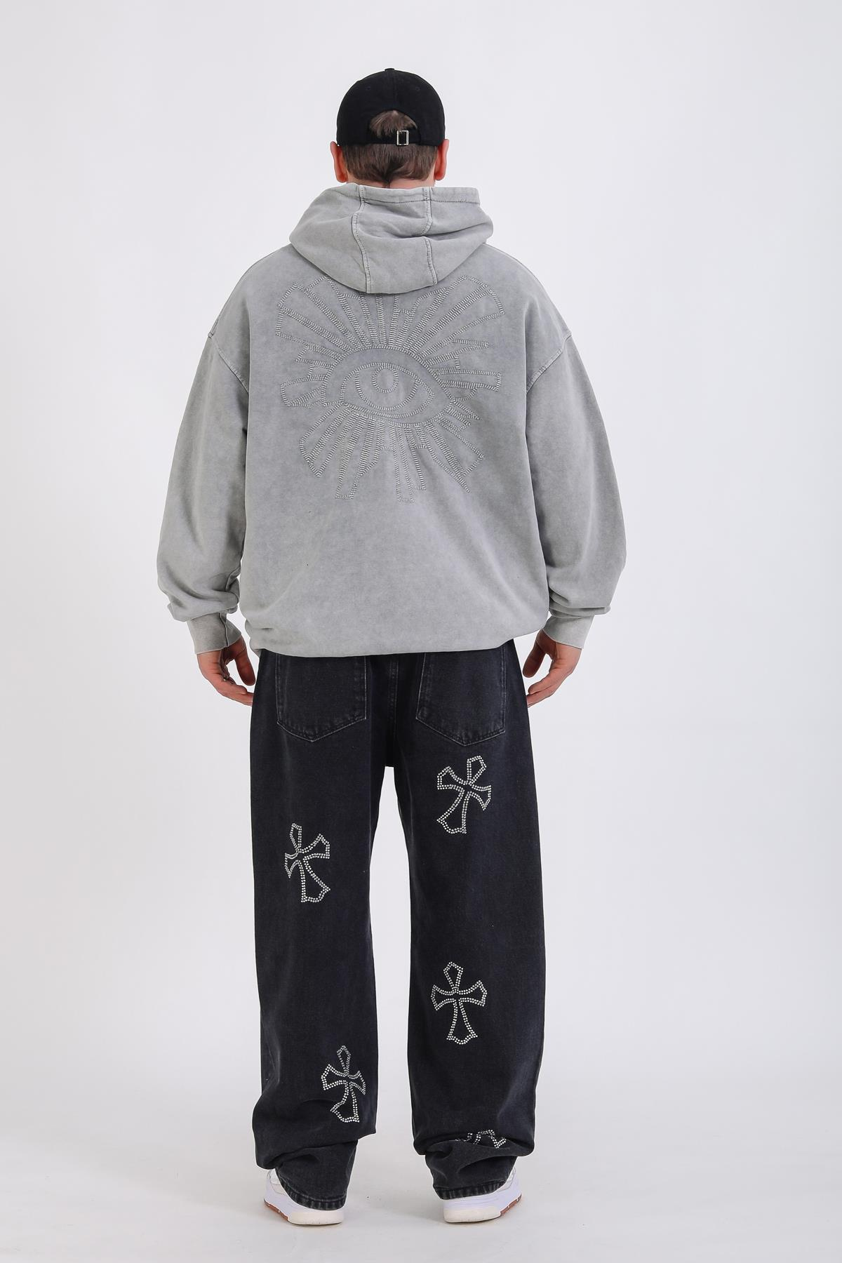 Acid Wash Nakışlı Oversize Hoodie SW1349