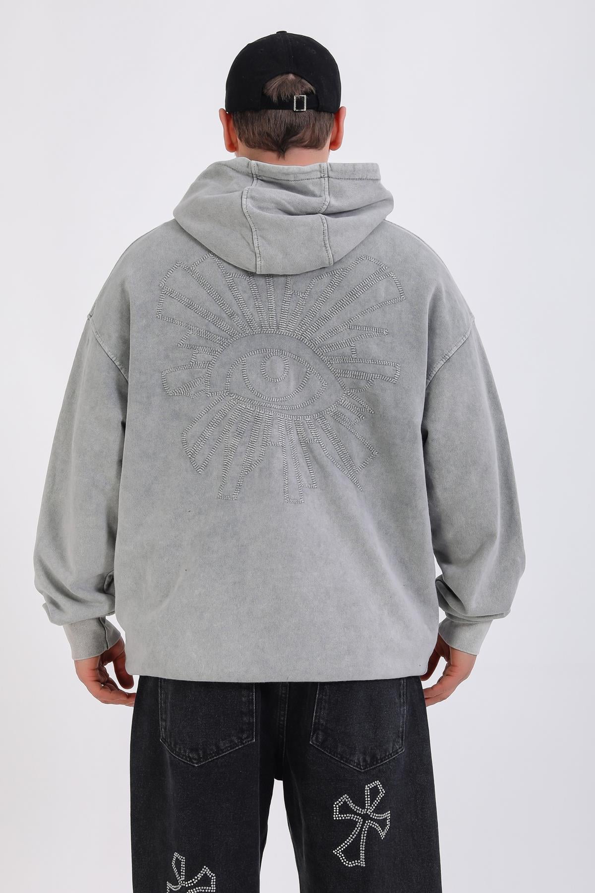 Acid Wash Nakışlı Oversize Hoodie SW1349
