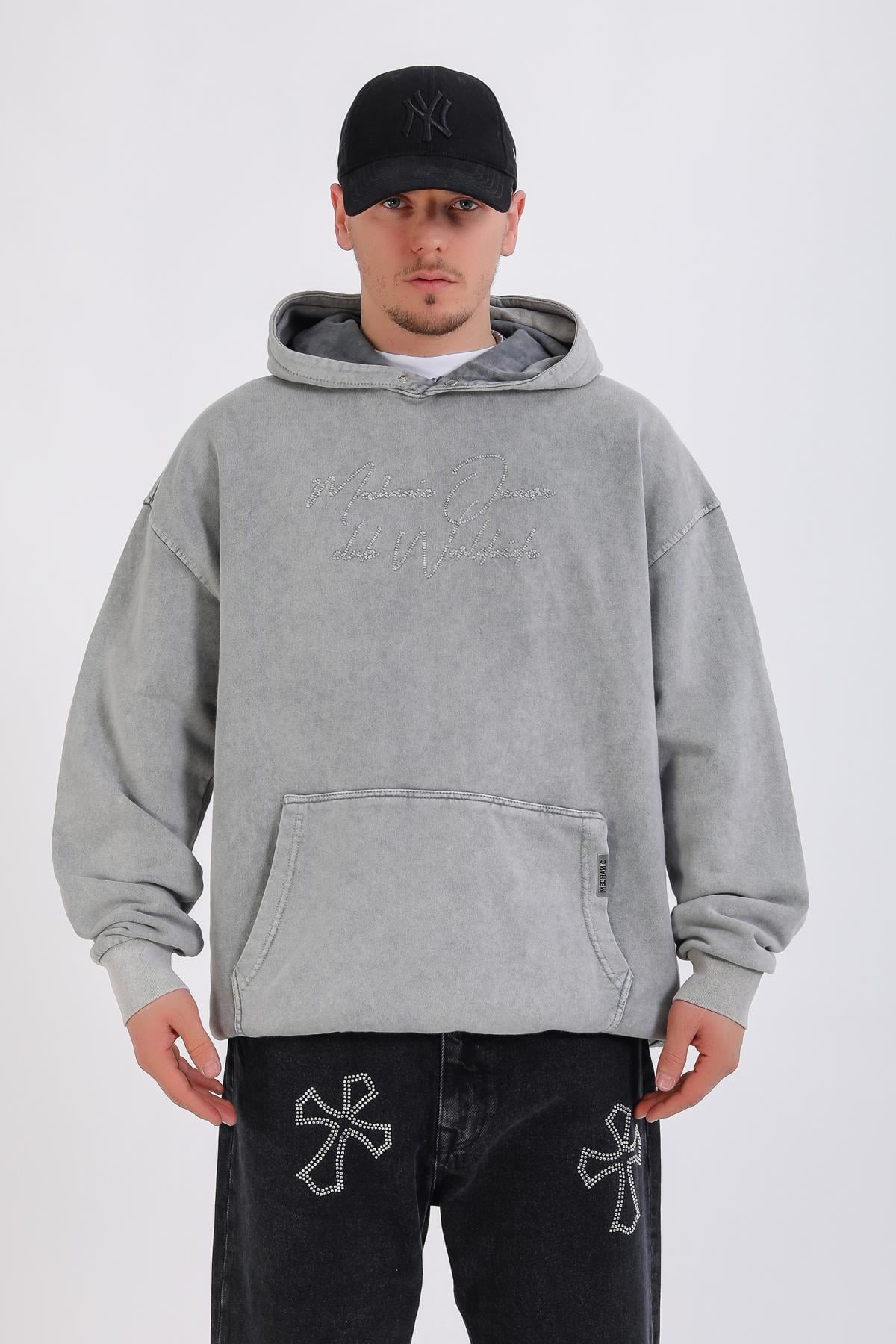 Acid Wash Nakışlı Oversize Hoodie SW1349