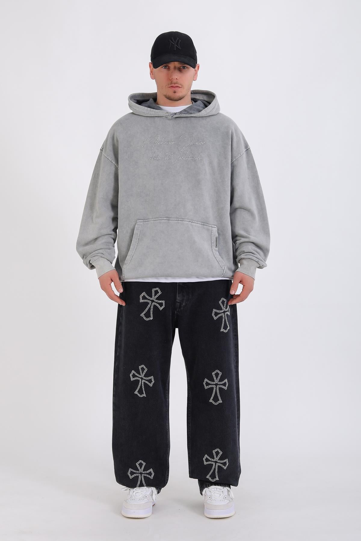 Acid Wash Nakışlı Oversize Hoodie SW1349