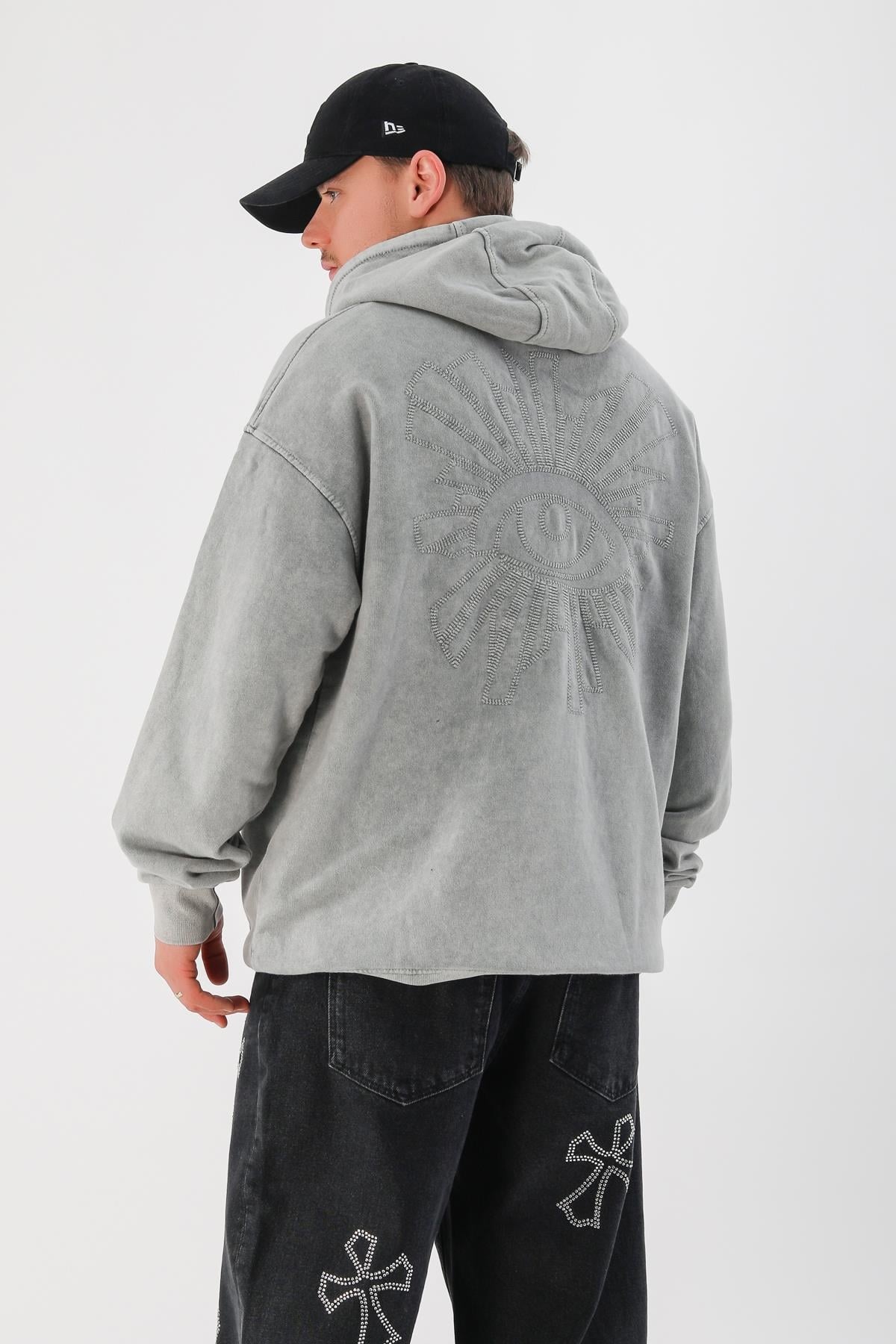 Acid Wash Nakışlı Oversize Hoodie SW1349