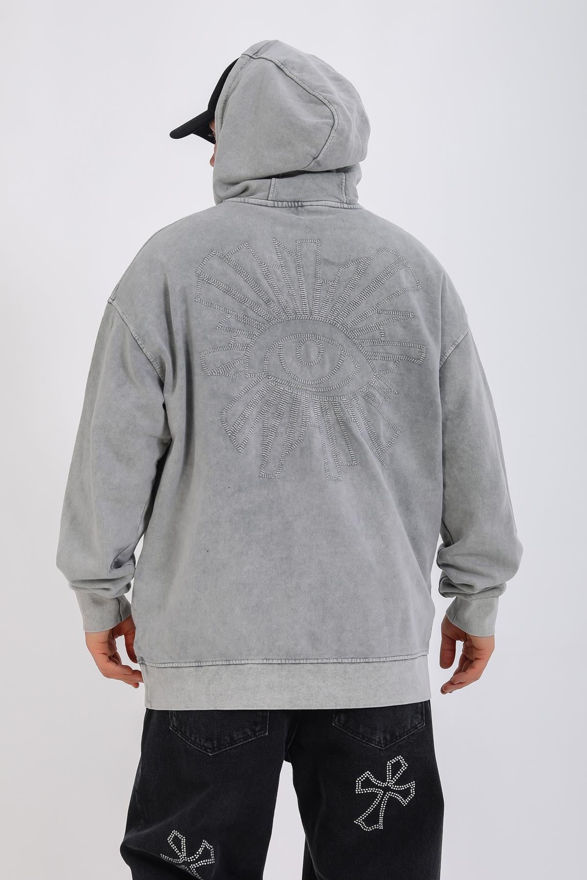 Acid Wash Nakışlı Oversize Hoodie SW1349