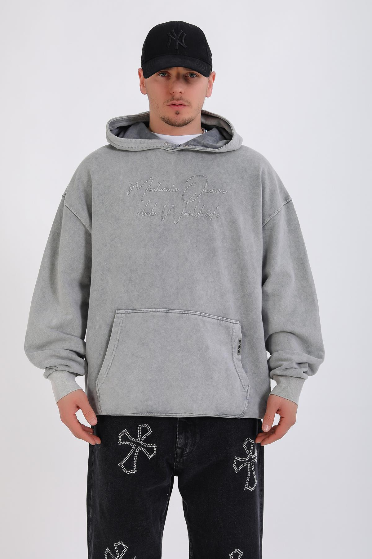 Acid Wash Nakışlı Oversize Hoodie SW1349