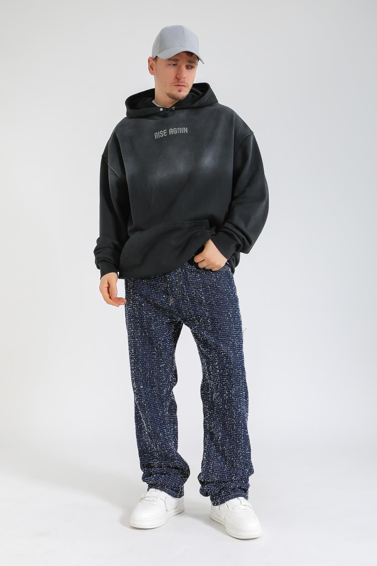 Acid Wash Rise Again Baskılı Siyah Oversize Hoodie SW1364