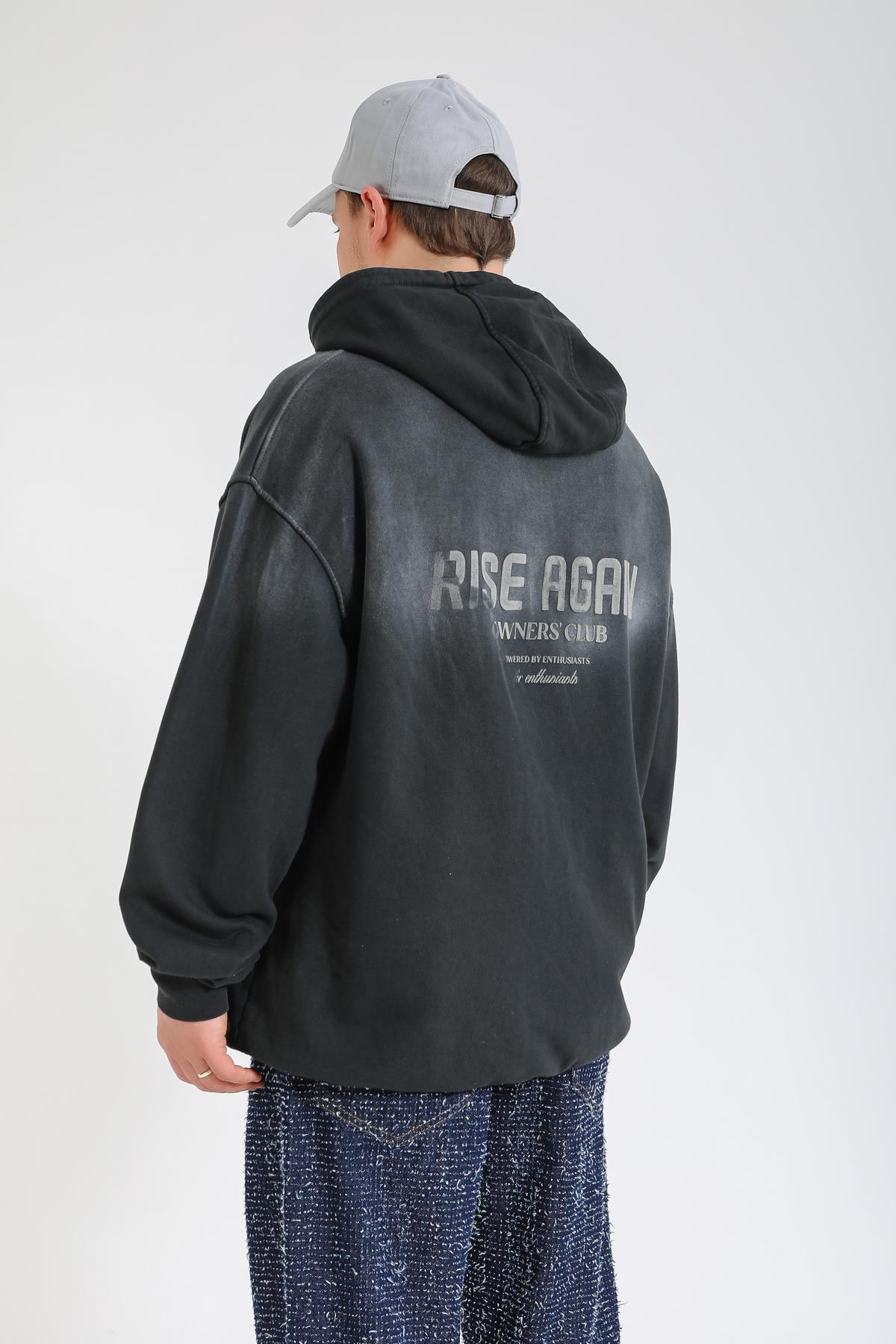 Acid Wash Rise Again Baskılı Siyah Oversize Hoodie SW1364