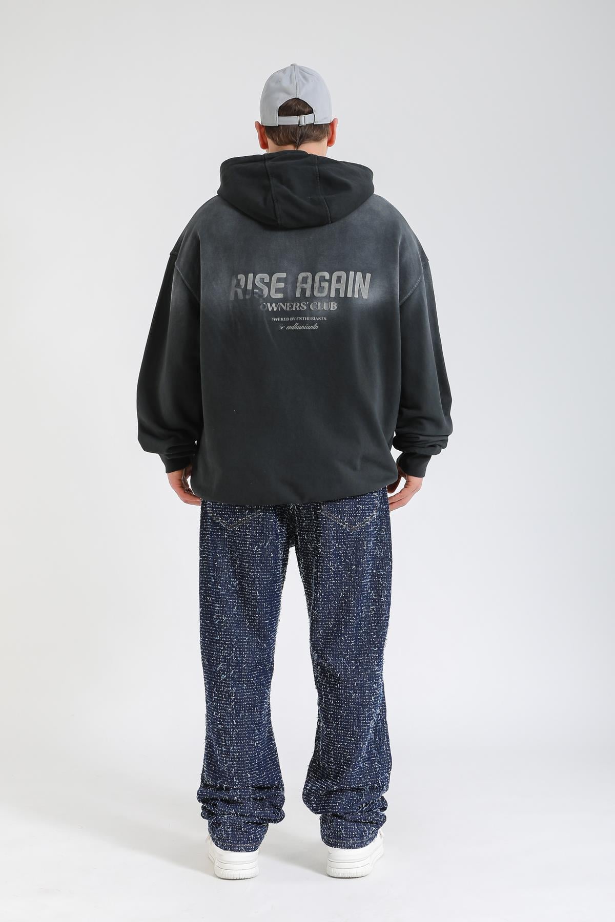 Acid Wash Rise Again Baskılı Siyah Oversize Hoodie SW1364