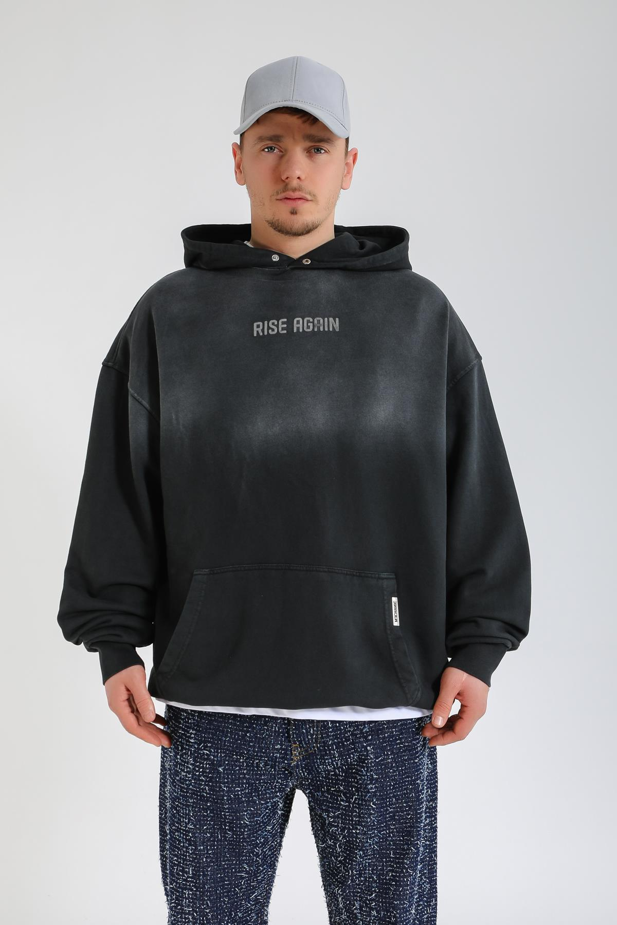 Acid Wash Rise Again Baskılı Siyah Oversize Hoodie SW1364