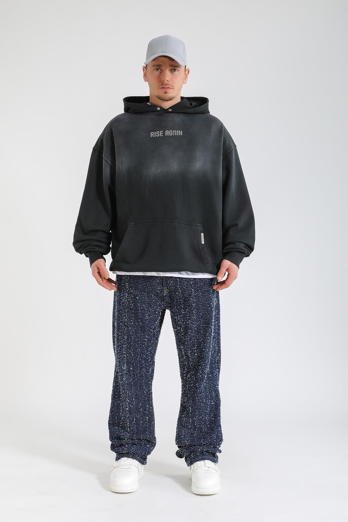 Acid Wash Rise Again Baskılı Siyah Oversize Hoodie SW1364