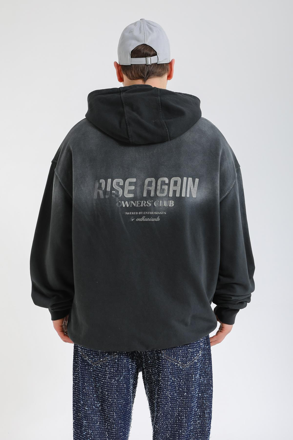 Acid Wash Rise Again Baskılı Siyah Oversize Hoodie SW1364