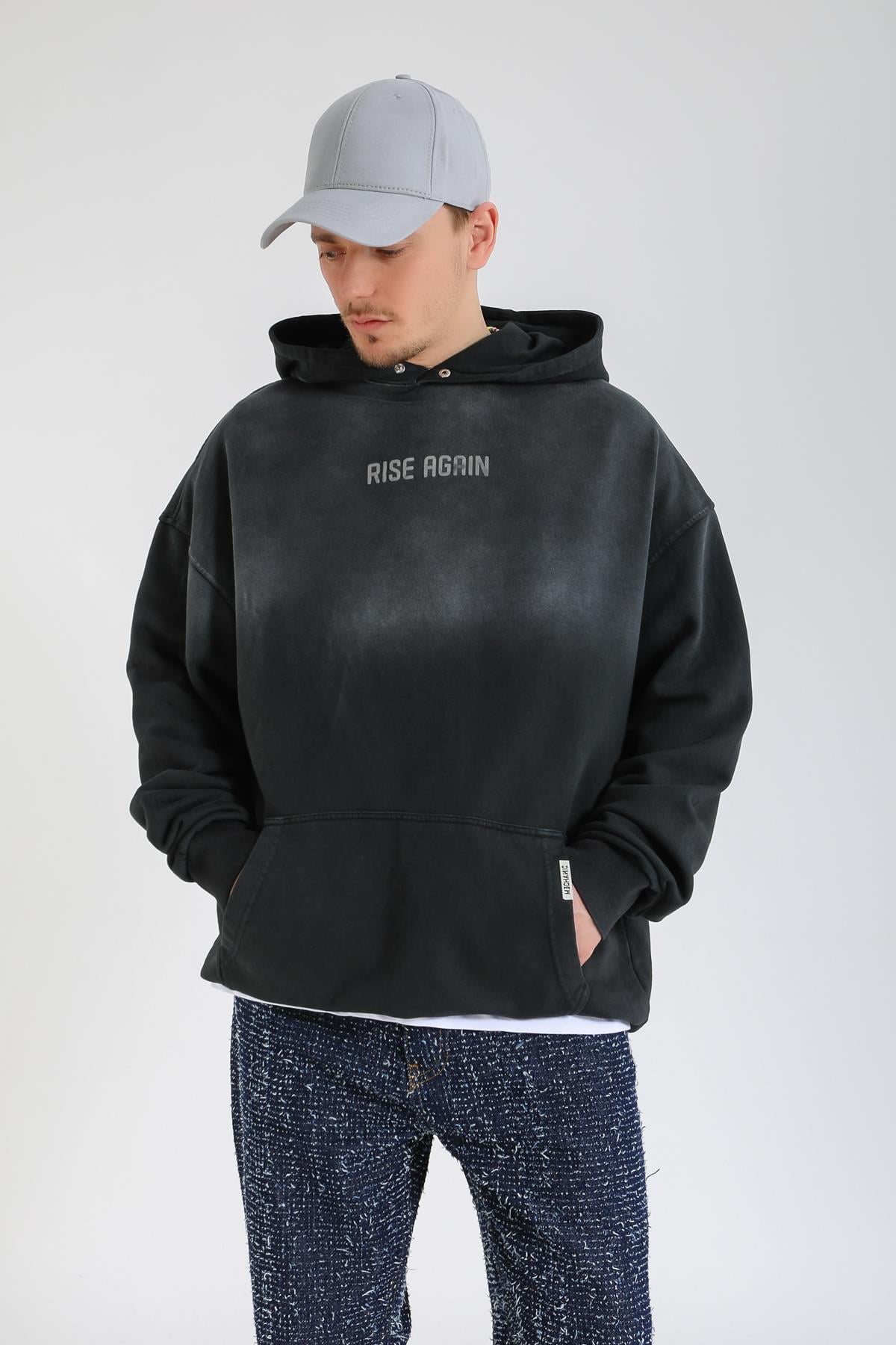 Acid Wash Rise Again Baskılı Siyah Oversize Hoodie SW1364