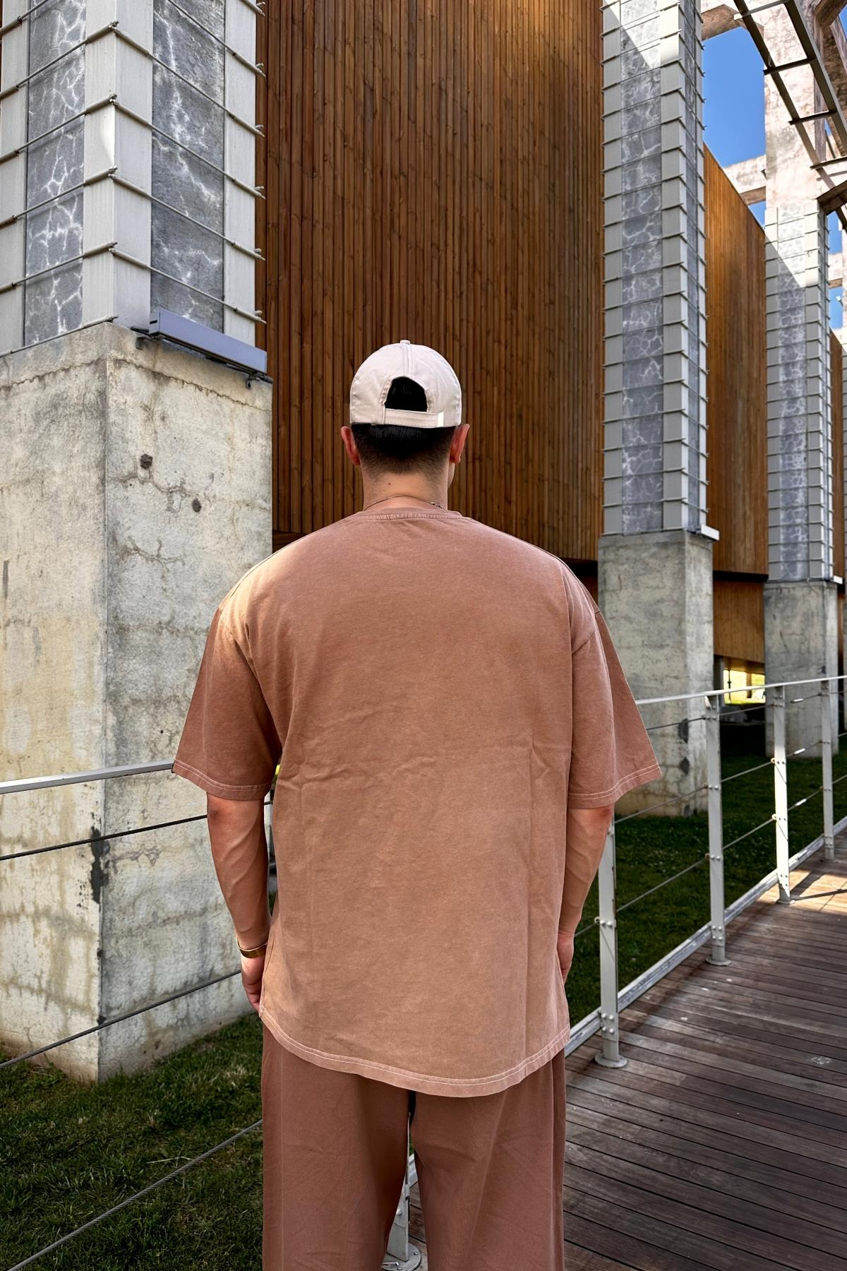 Acid Wash Rv Kahve Oversize Tshirt T1078