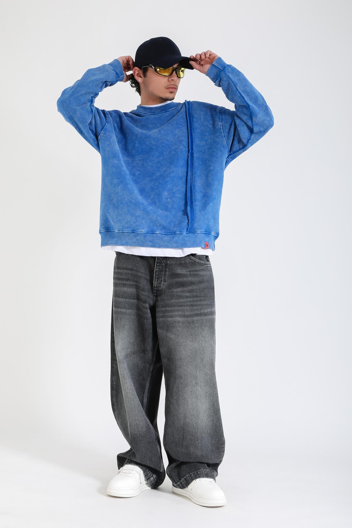 Acid Wash Şerit Detay Mavi Oversize Sweatshirt SW1389