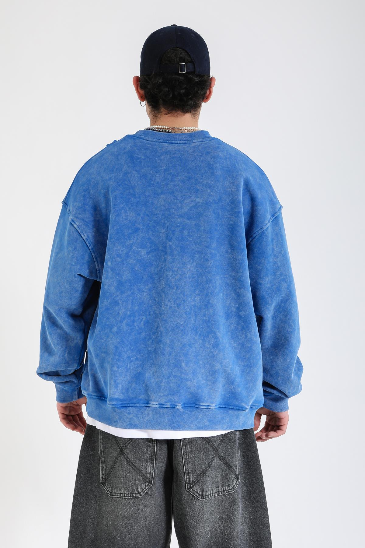 Acid Wash Şerit Detay Mavi Oversize Sweatshirt SW1389