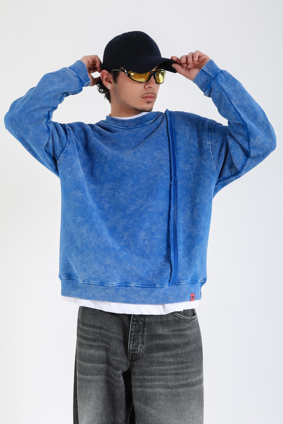 Acid Wash Şerit Detay Mavi Oversize Sweatshirt SW1389