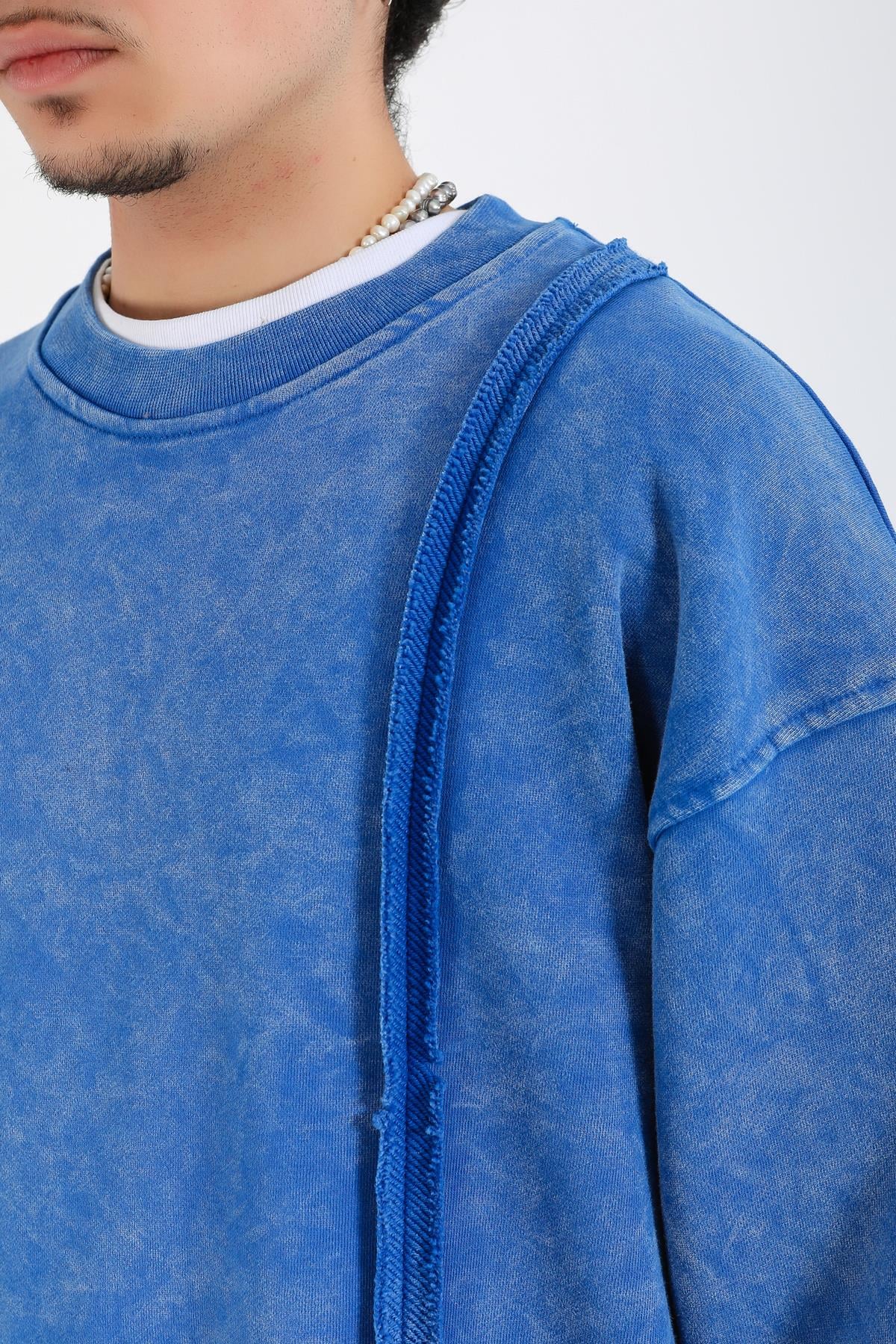 Acid Wash Şerit Detay Mavi Oversize Sweatshirt SW1389