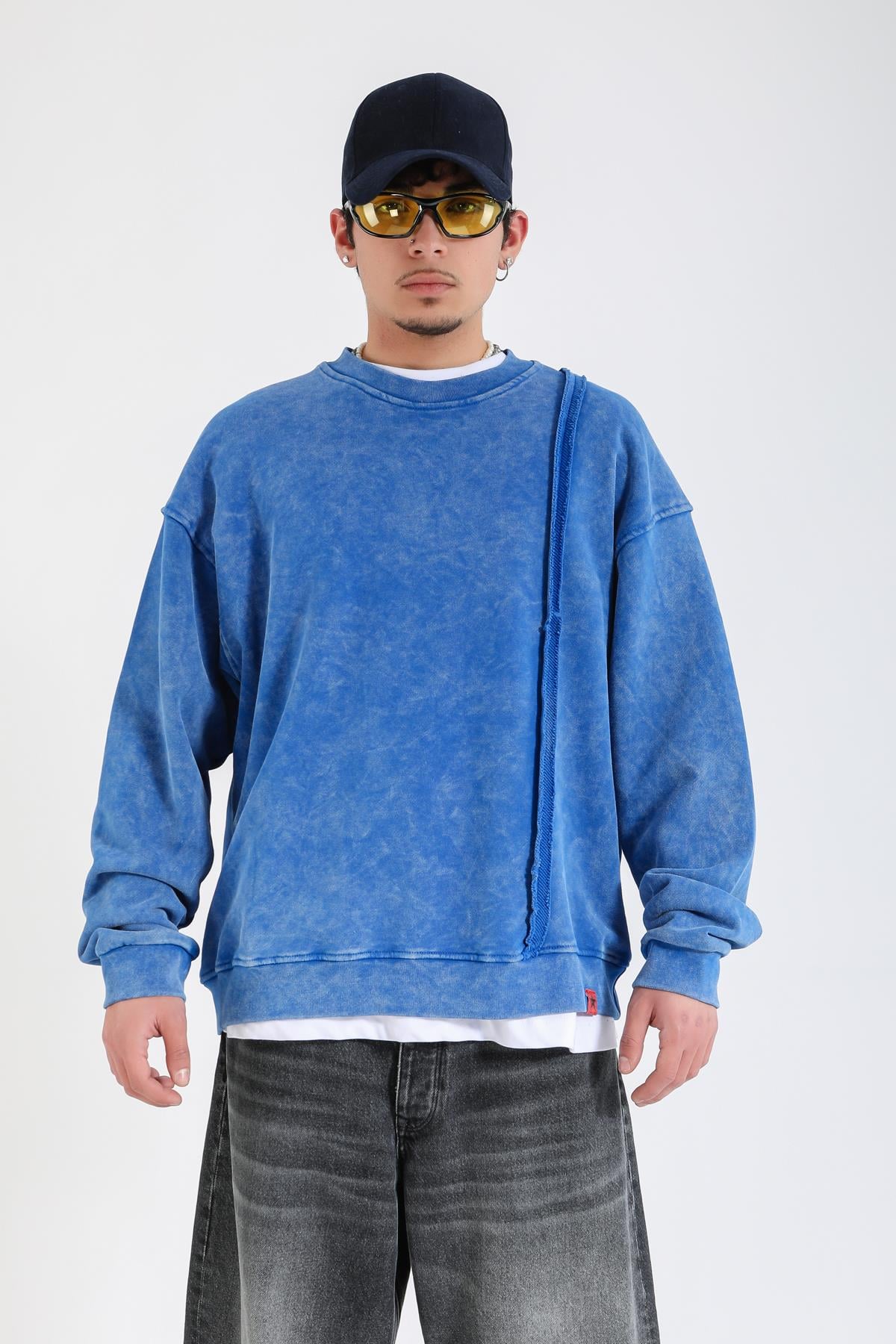Acid Wash Şerit Detay Mavi Oversize Sweatshirt SW1389