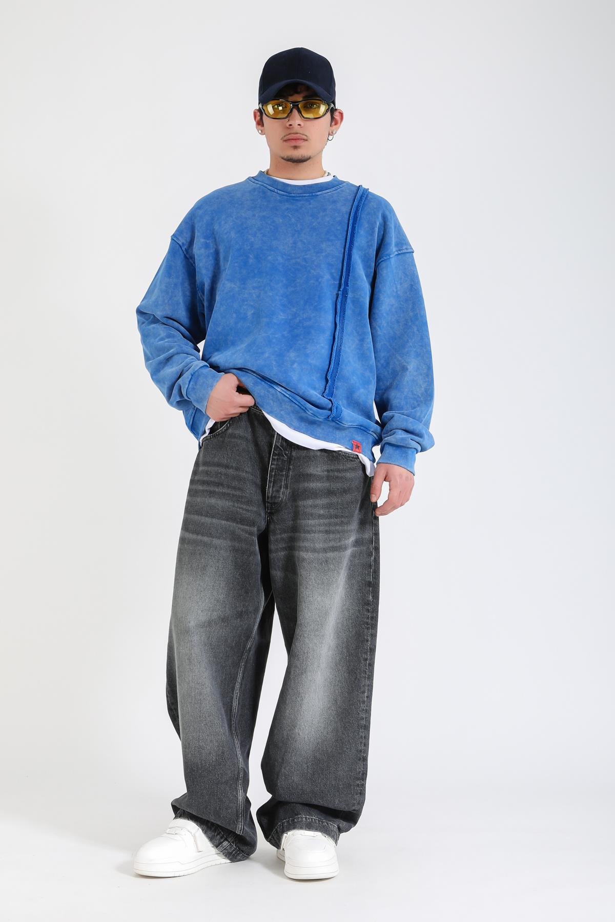 Acid Wash Şerit Detay Mavi Oversize Sweatshirt SW1389