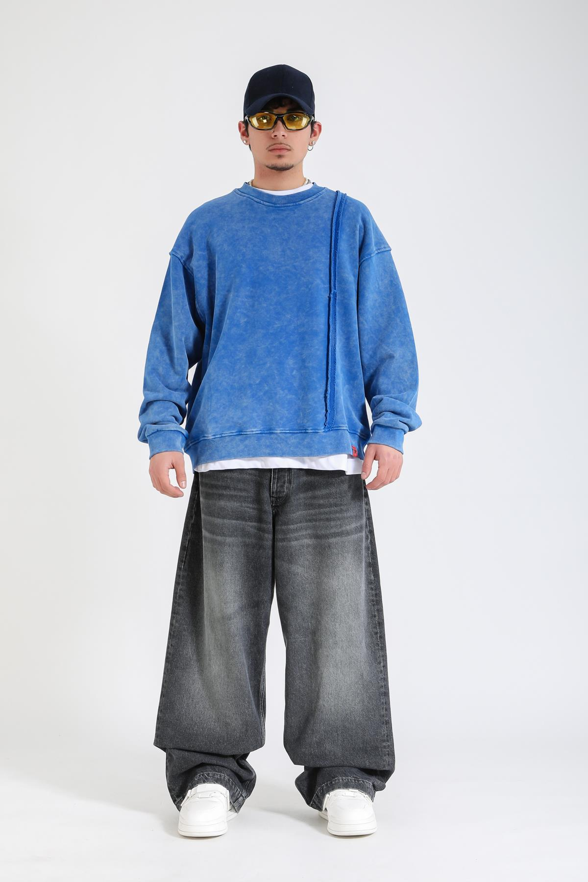 Acid Wash Şerit Detay Mavi Oversize Sweatshirt SW1389