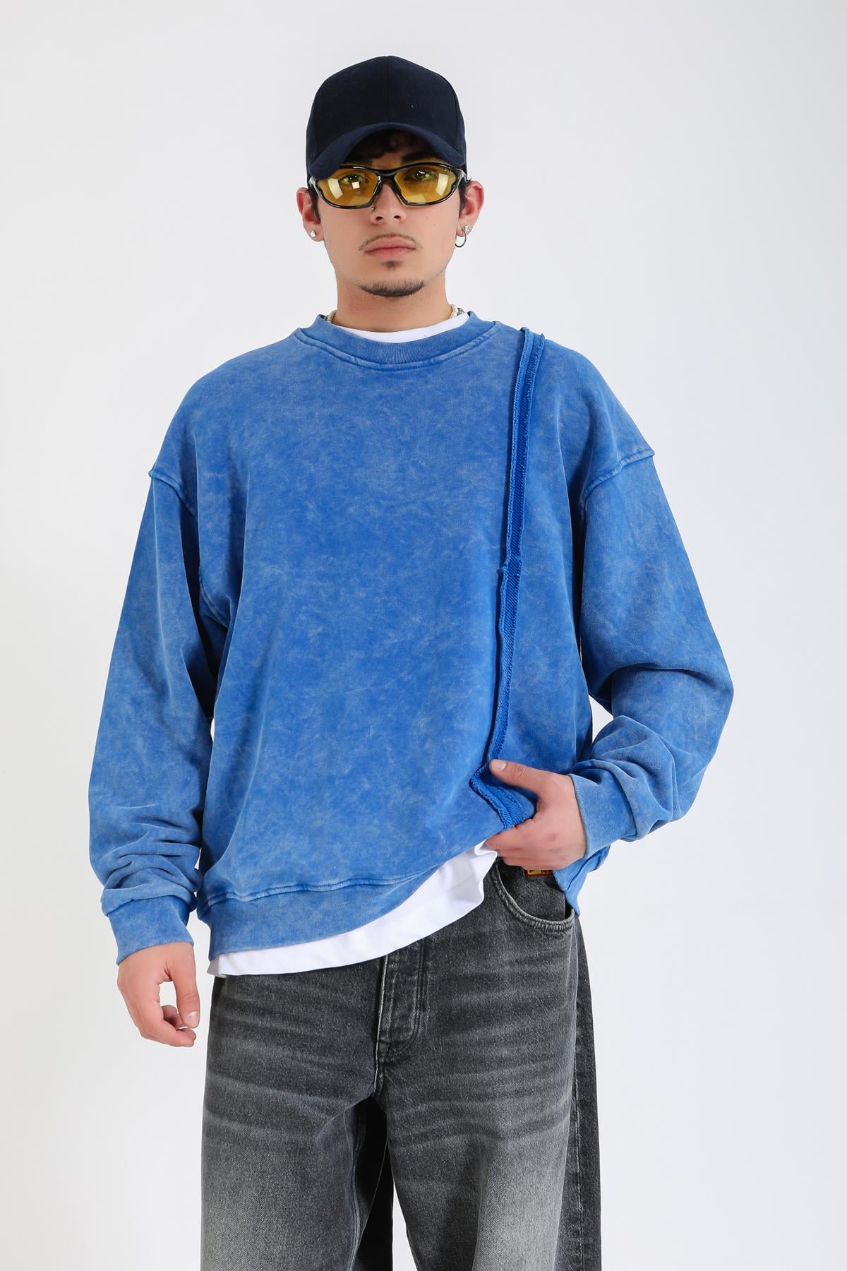 Acid Wash Şerit Detay Mavi Oversize Sweatshirt SW1389