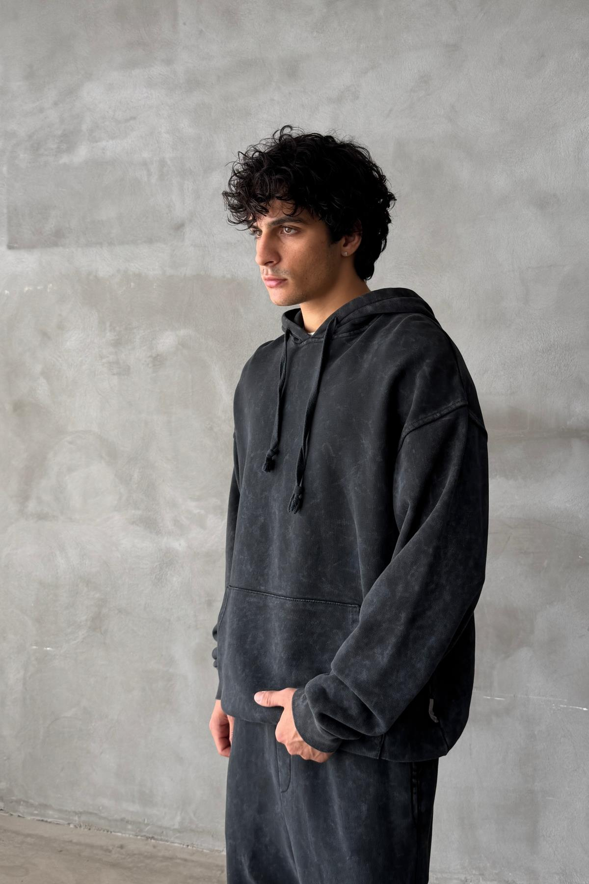 Acid Wash Siyah Oversize Sweatshirt JC01