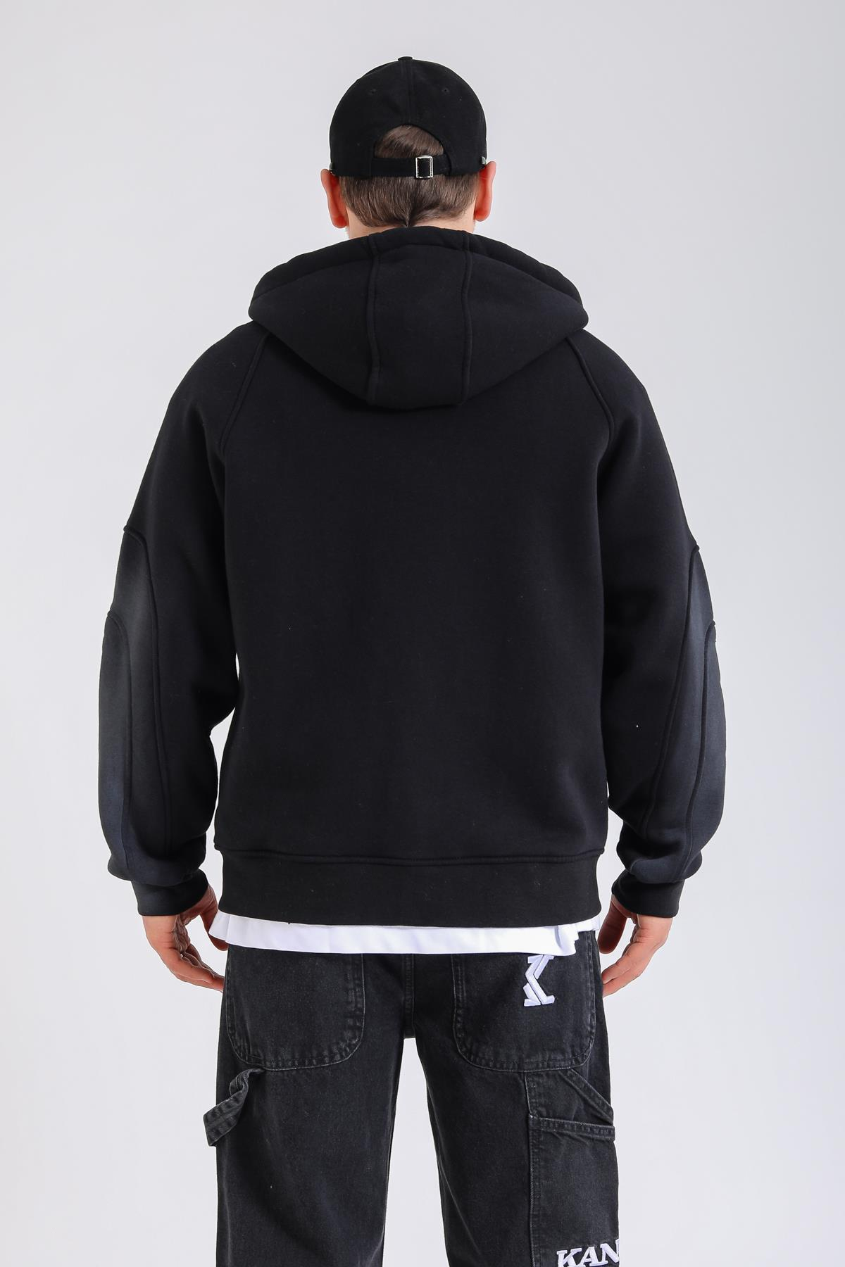 Acid Wash Siyah Rise Oversize Zipper Hoodie SW1360