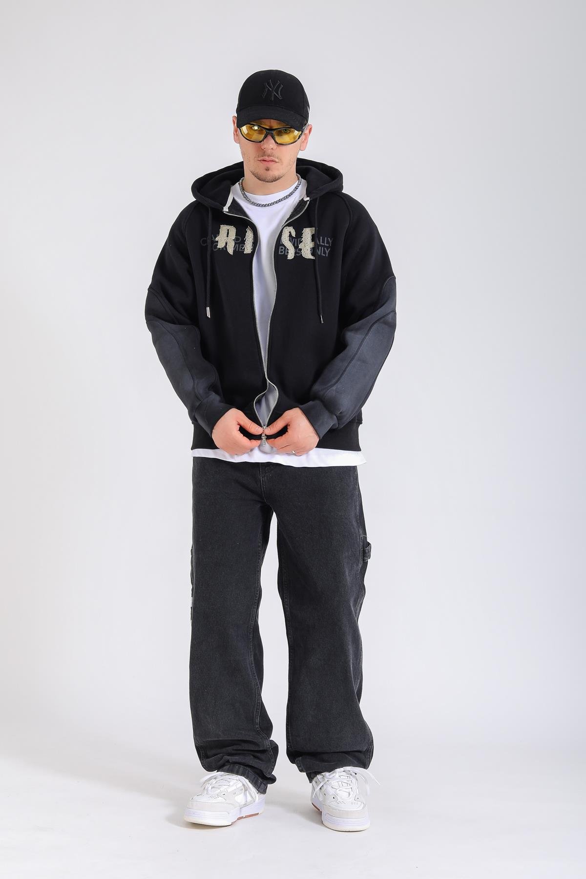 Acid Wash Siyah Rise Oversize Zipper Hoodie SW1360