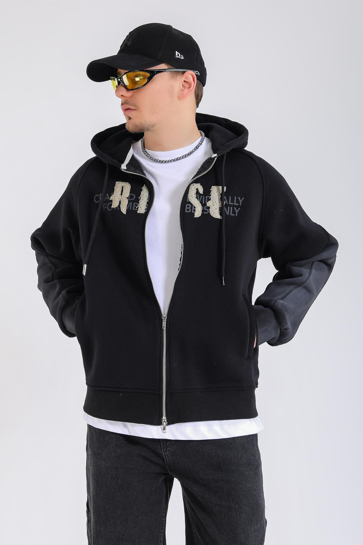 Acid Wash Siyah Rise Oversize Zipper Hoodie SW1360