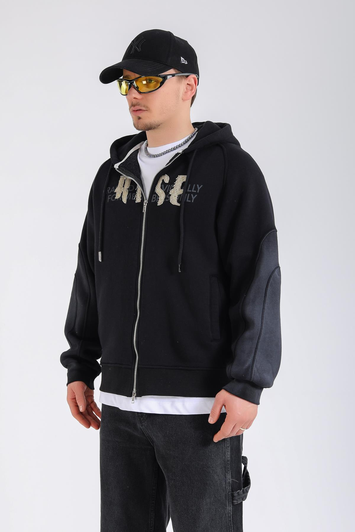 Acid Wash Siyah Rise Oversize Zipper Hoodie SW1360