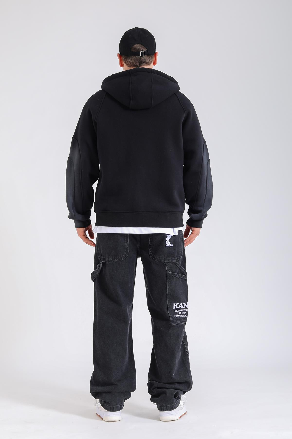 Acid Wash Siyah Rise Oversize Zipper Hoodie SW1360