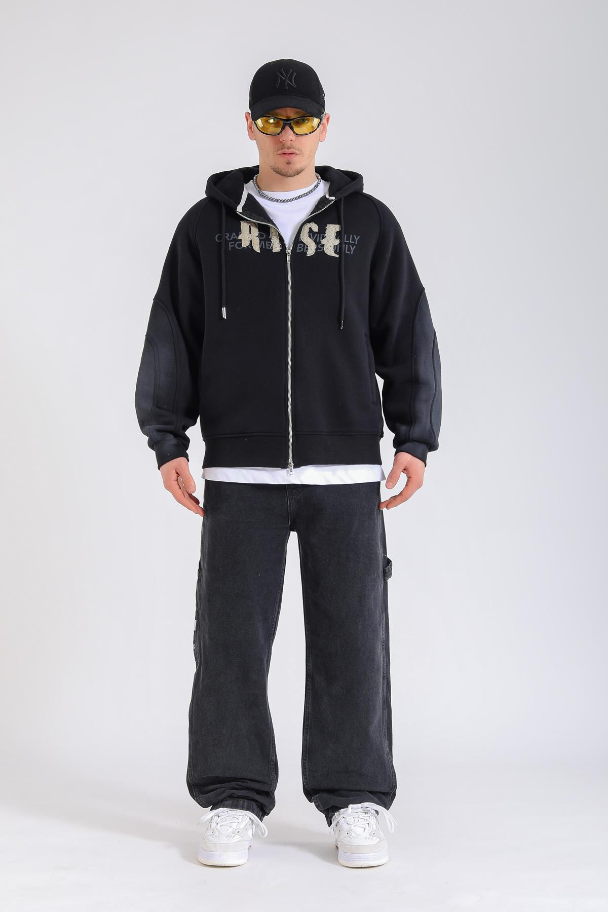 Acid Wash Siyah Rise Oversize Zipper Hoodie SW1360