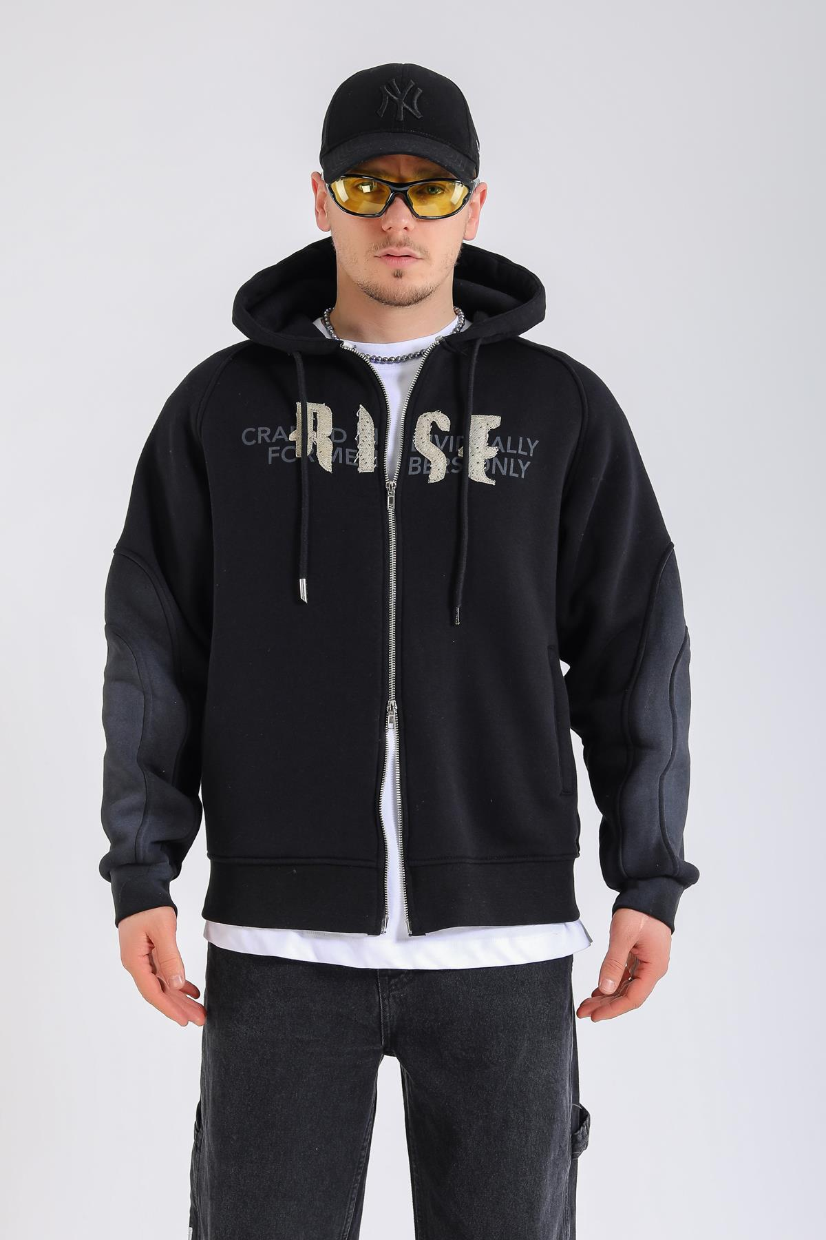 Acid Wash Siyah Rise Oversize Zipper Hoodie SW1360