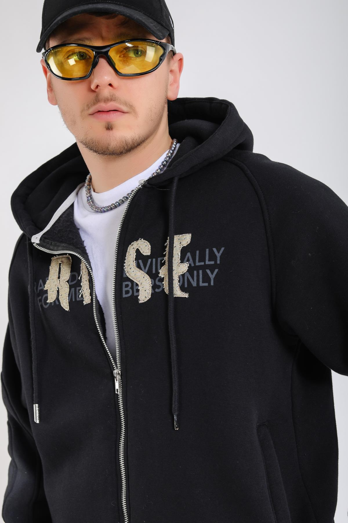 Acid Wash Siyah Rise Oversize Zipper Hoodie SW1360