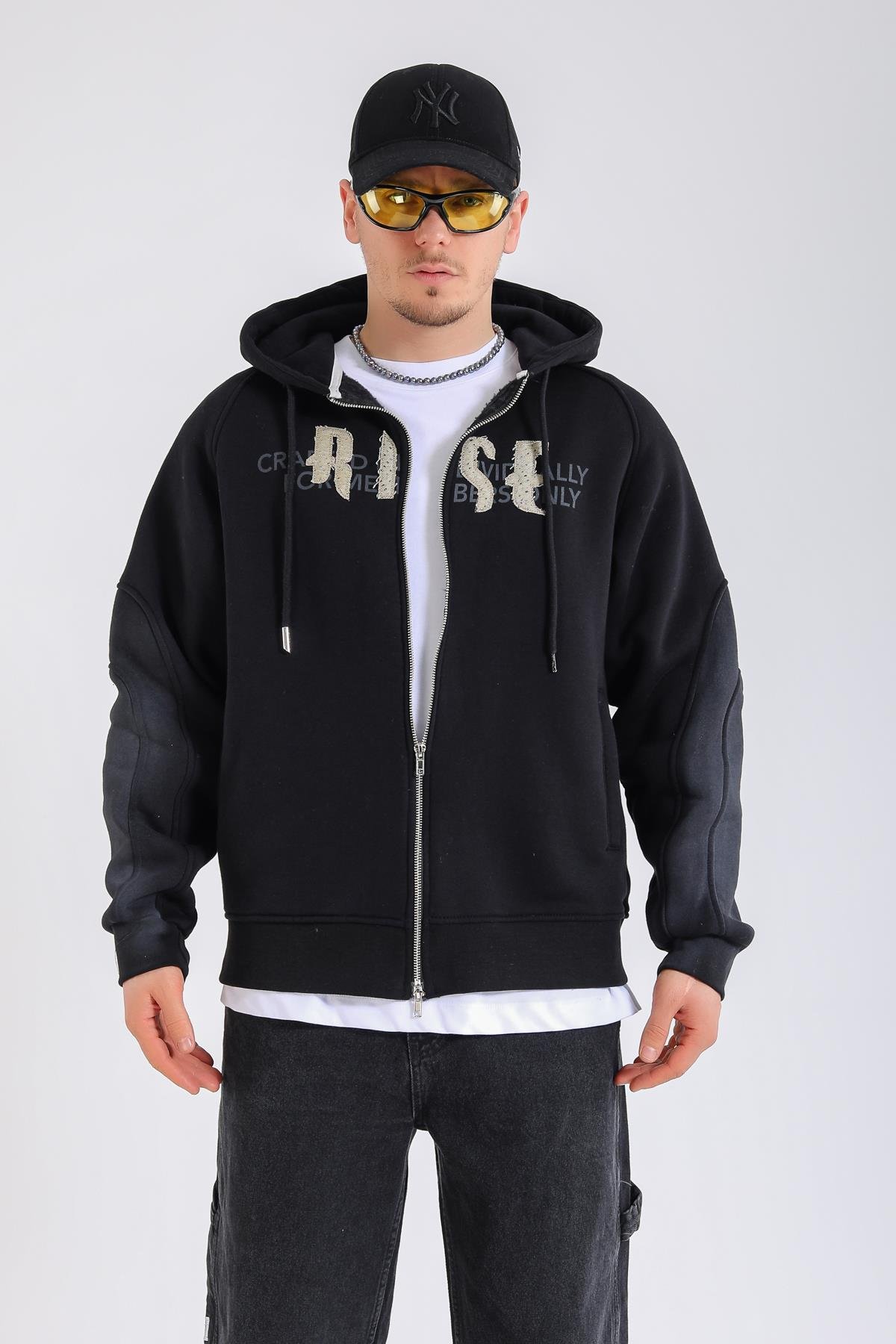 Acid Wash Siyah Rise Oversize Zipper Hoodie SW1360