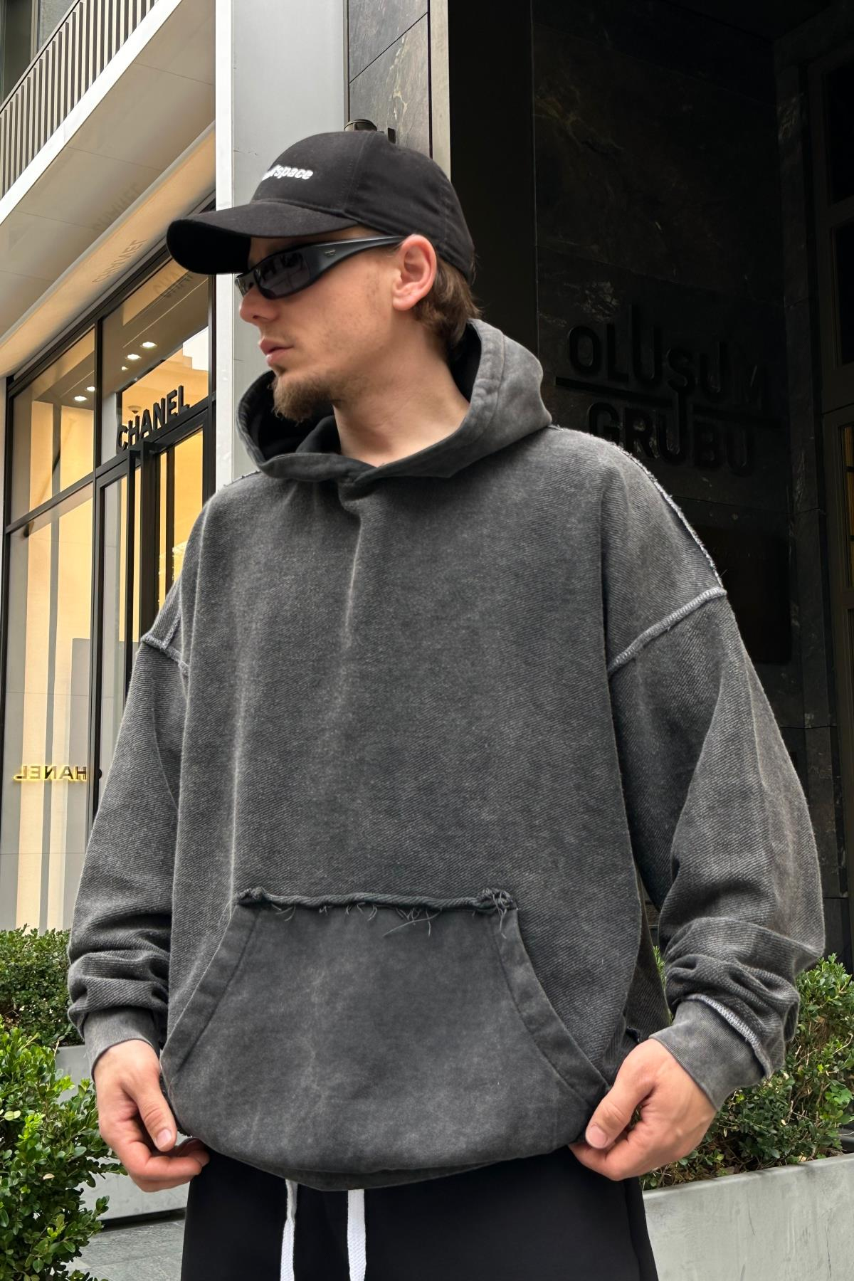 Acid Wash Ters Dikiş Oversize Sweatshirt SW955