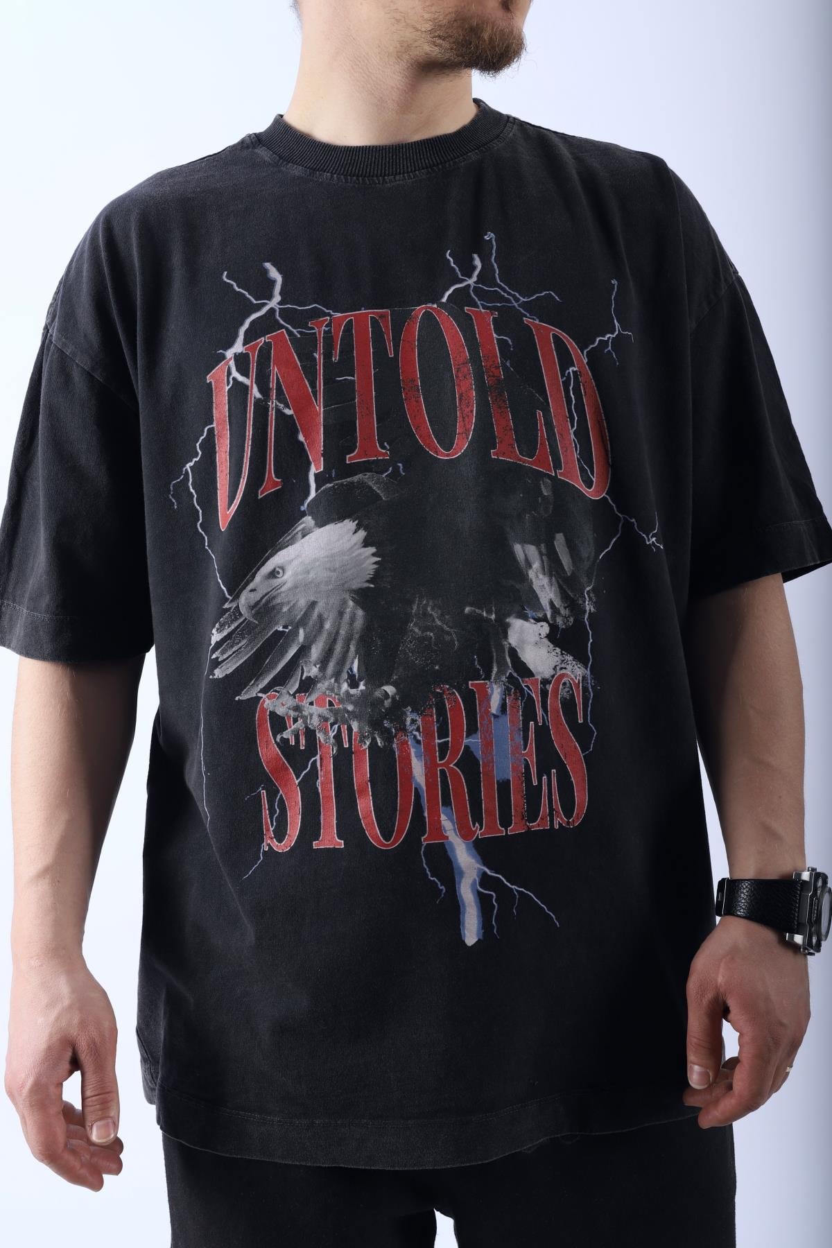 Acid Wash Untold Baskılı Oversize Tshirt T965