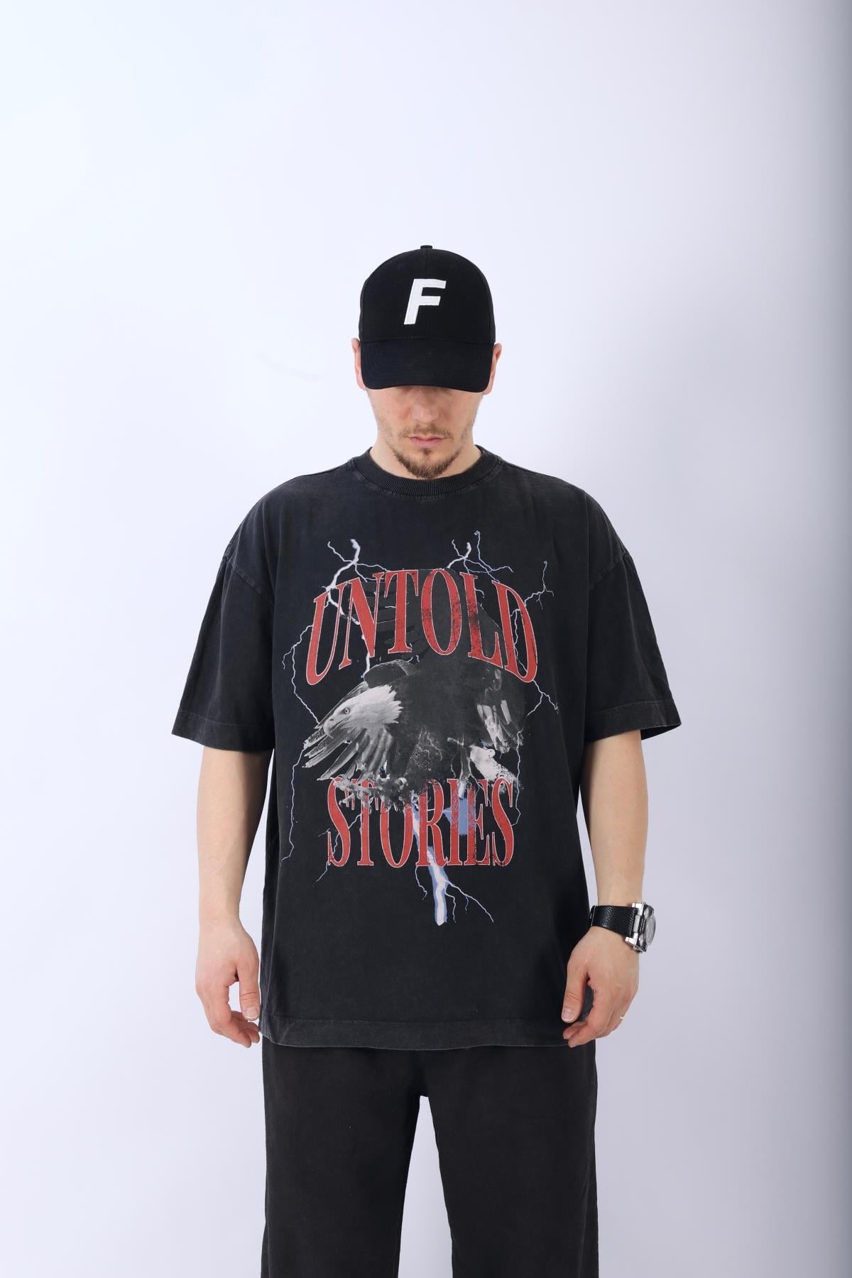 Acid Wash Untold Baskılı Oversize Tshirt T965