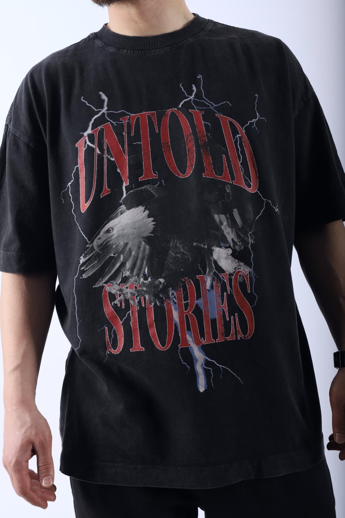Acid Wash Untold Baskılı Oversize Tshirt T965
