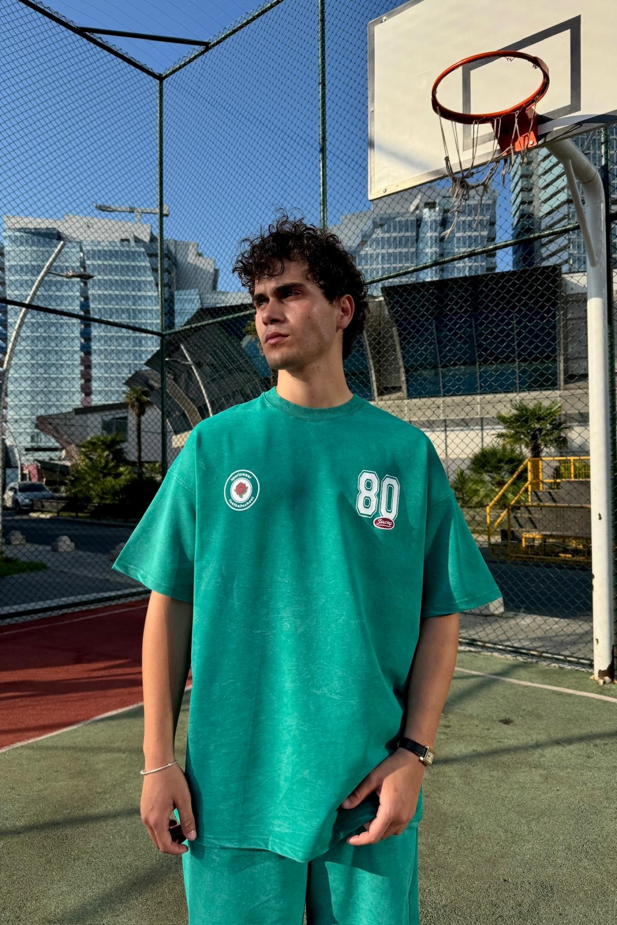 Acid Wash Yeşil Oversize Baskılı Tshirt JC01