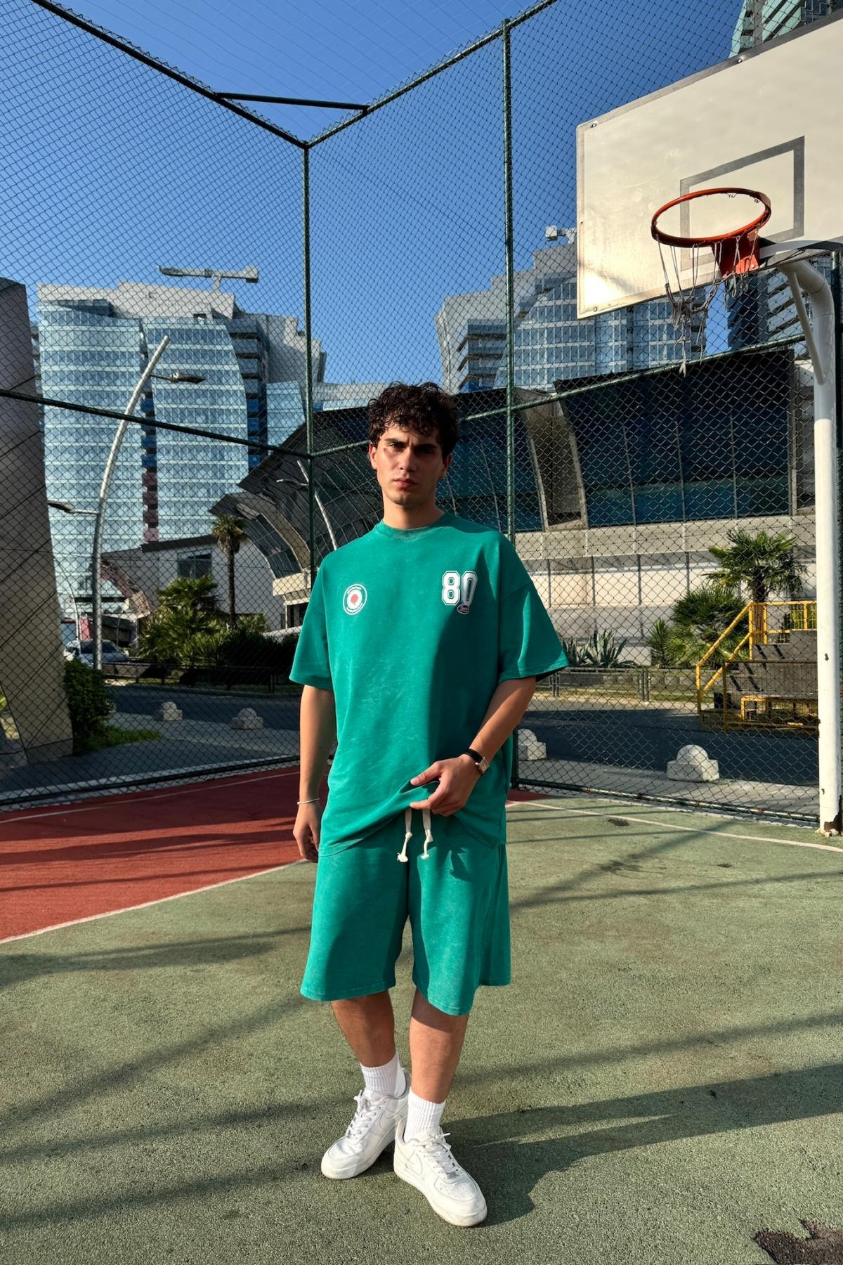 Acid Wash Yeşil Oversize Baskılı Tshirt JC01