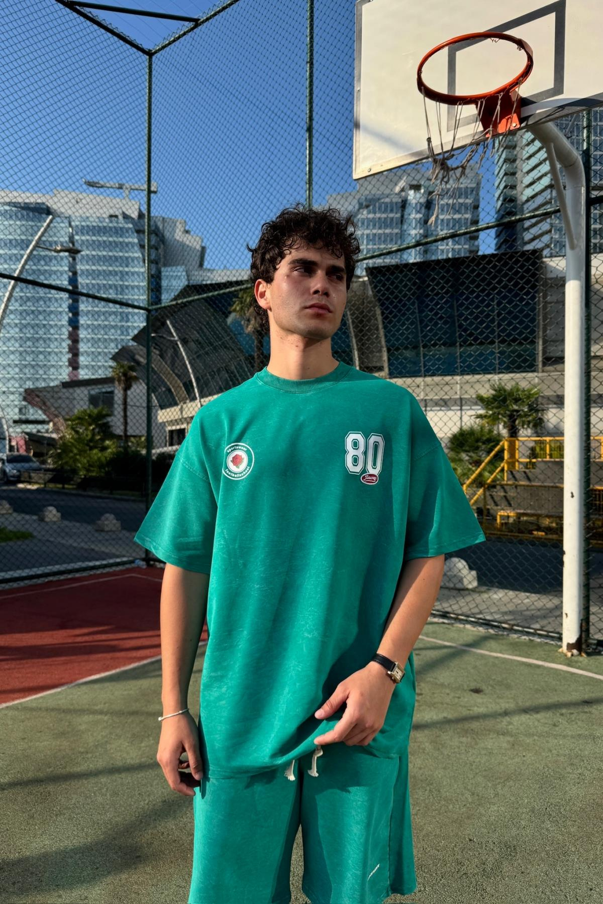Acid Wash Yeşil Oversize Baskılı Tshirt JC01