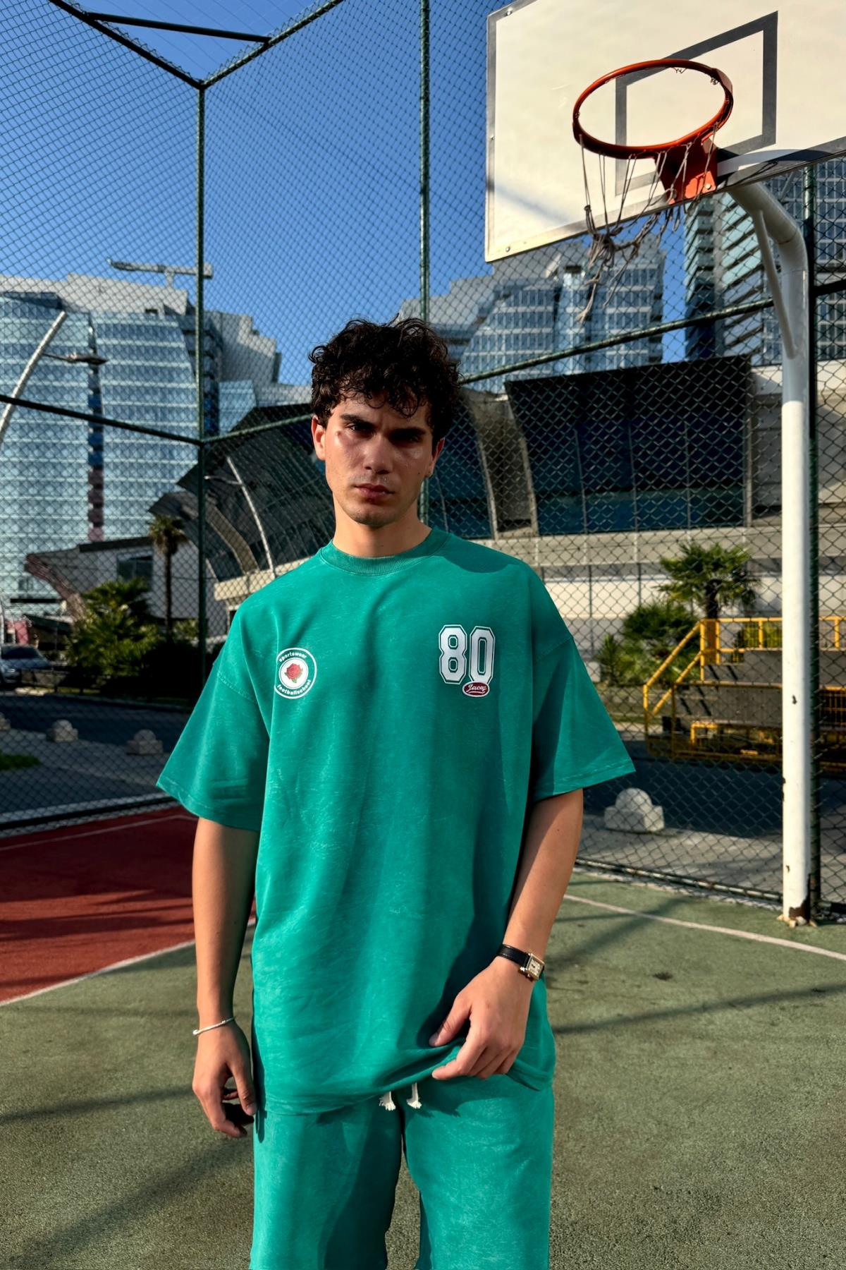 Acid Wash Yeşil Oversize Baskılı Tshirt JC01