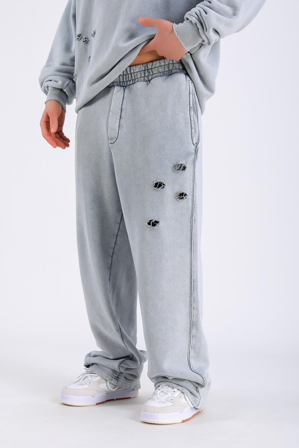 Acid Wash Yırtık Detay Gri Eşofman Takımı TKM155