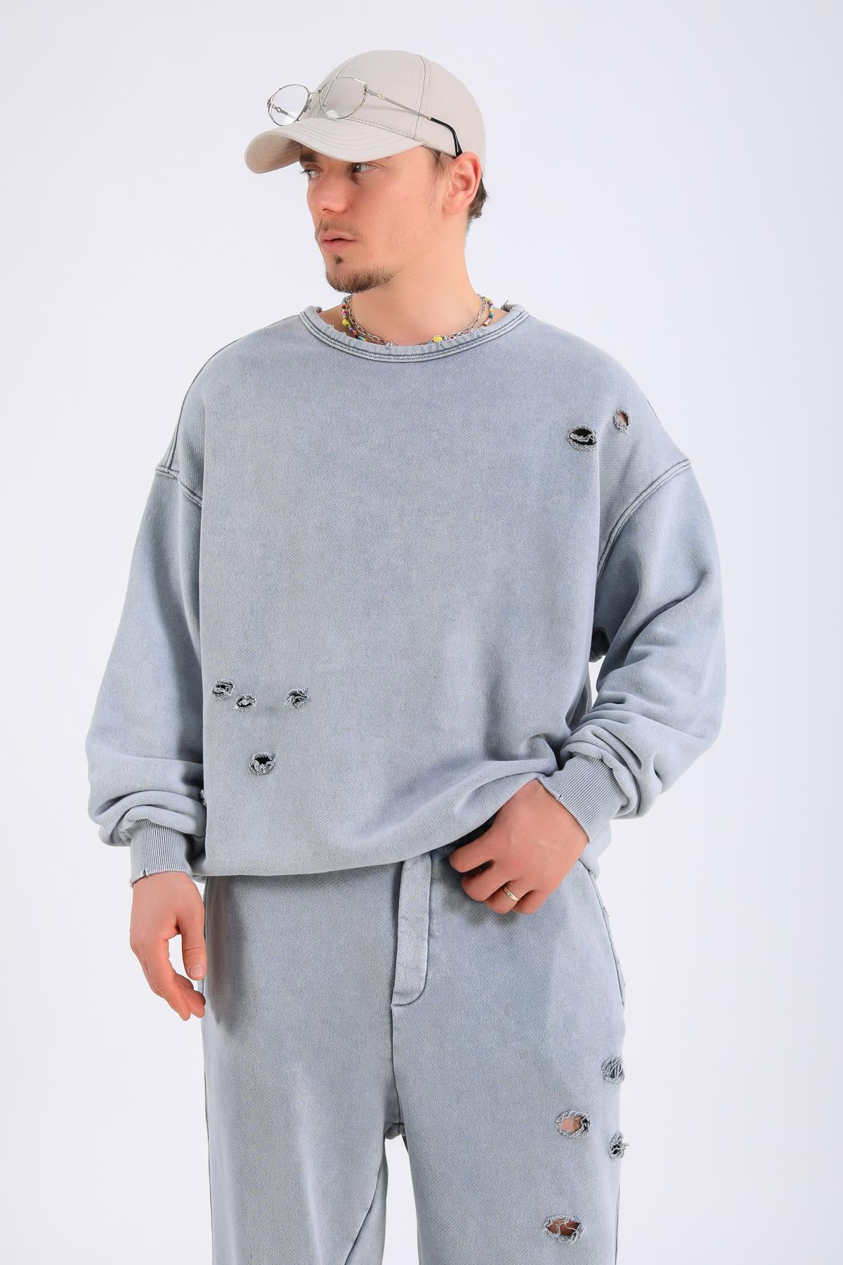 Acid Wash Yırtık Detay Gri Eşofman Takımı TKM155