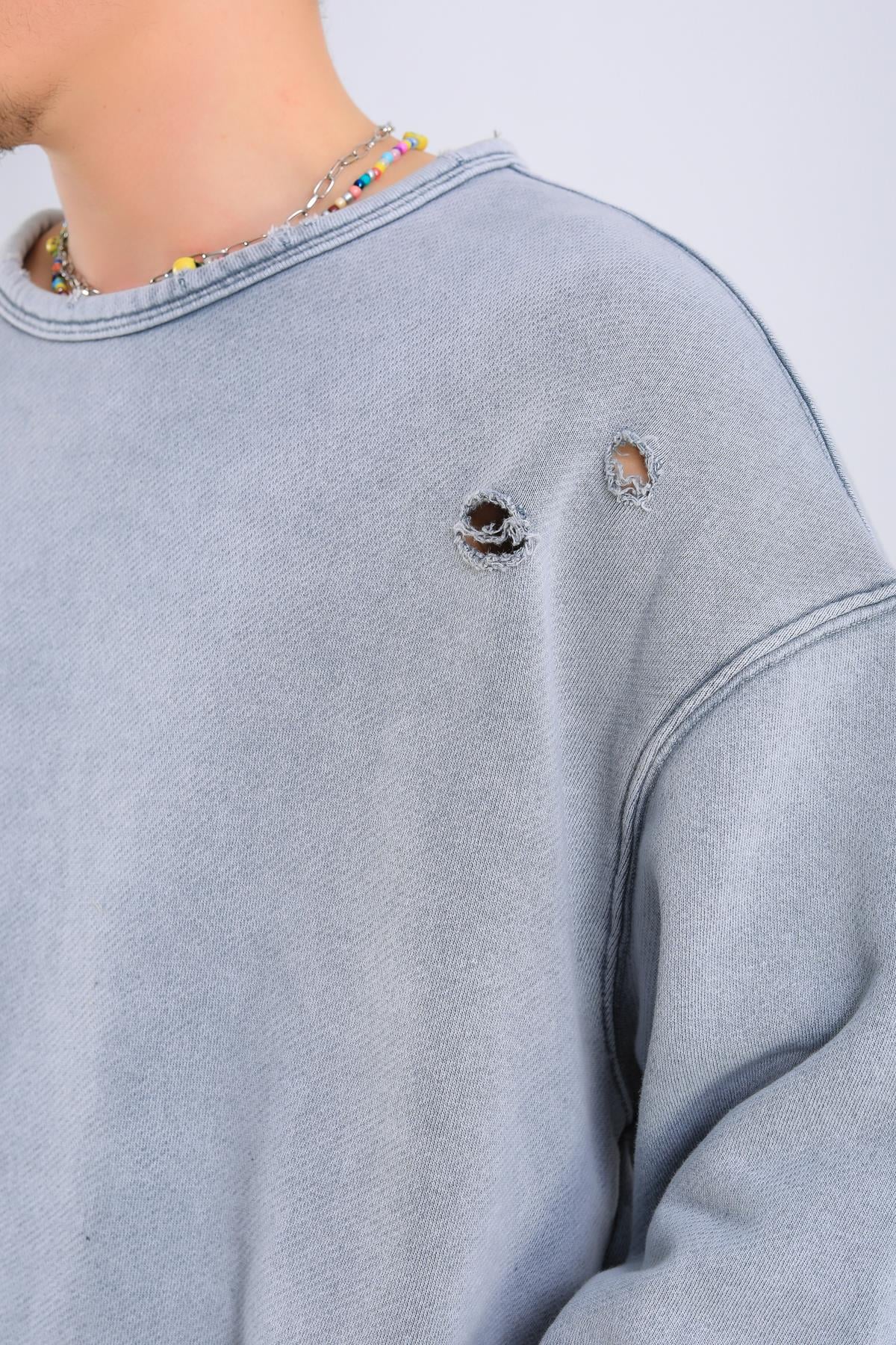 Acid Wash Yırtık Detay Gri Eşofman Takımı TKM155