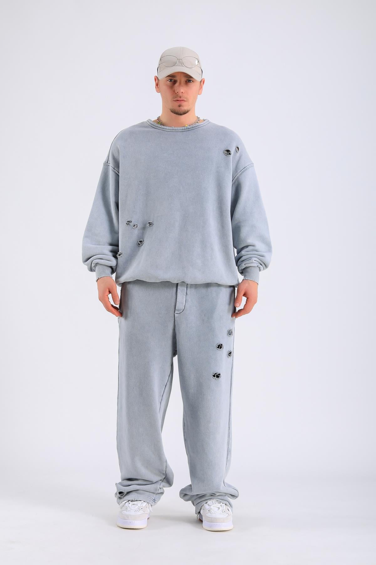 Acid Wash Yırtık Detay Gri Eşofman Takımı TKM155