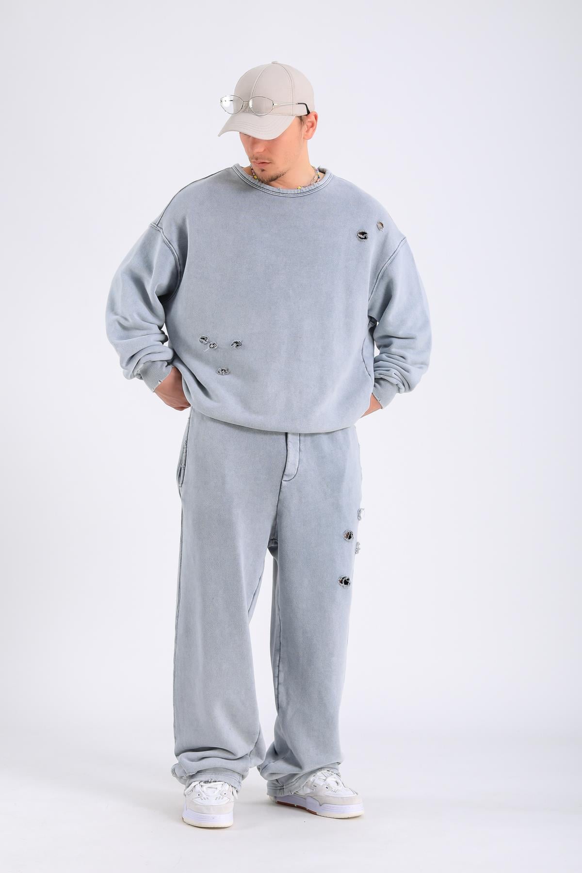 Acid Wash Yırtık Detay Gri Eşofman Takımı TKM155