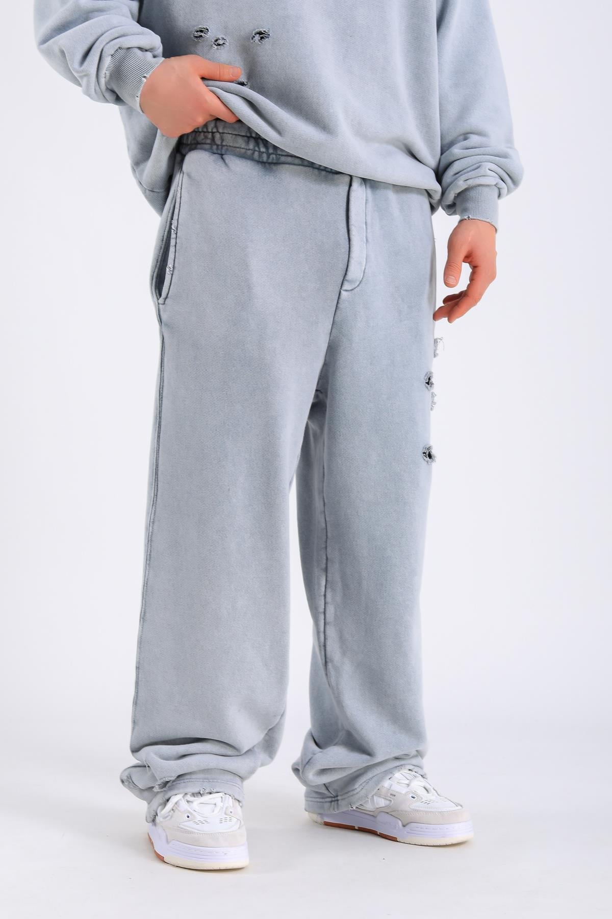 Acid Wash Yırtık Detay Gri Eşofman Takımı TKM155